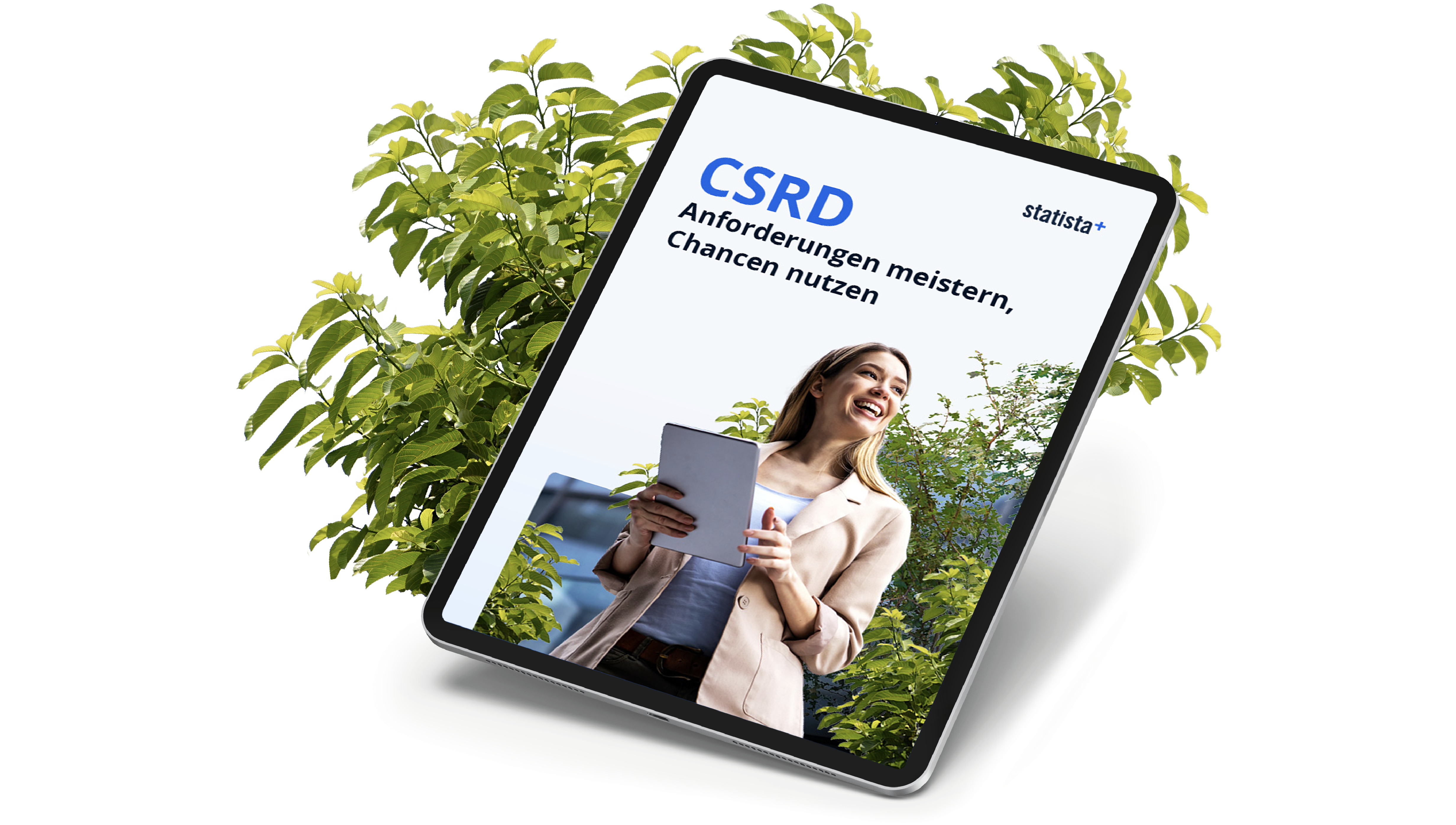 A digital tablet displaying the cover of the CSRD Whitepaper, featuring a smiling businesswoman holding a tablet, surrounded by green plants.