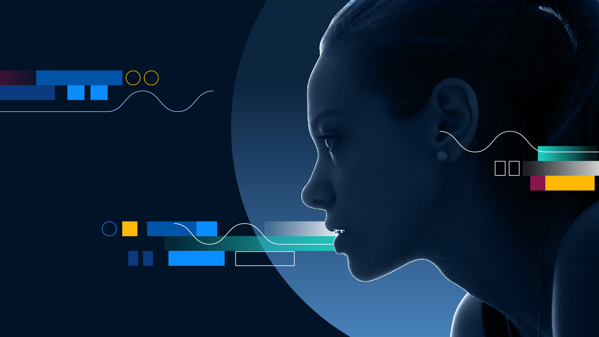 A female profile is surrounded by abstract digital elements representing data, marketing, and performance optimization.